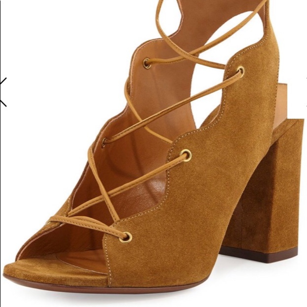 Neiman Marcus Suede Lace-Up Sandal Block Heel